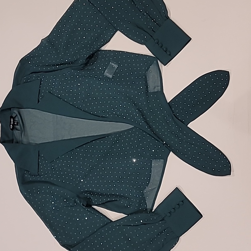 Top Chic Tie Front Semi Sheer Sparkle Studded Cropped Blouse Forest Green L - Picture 8 of 14